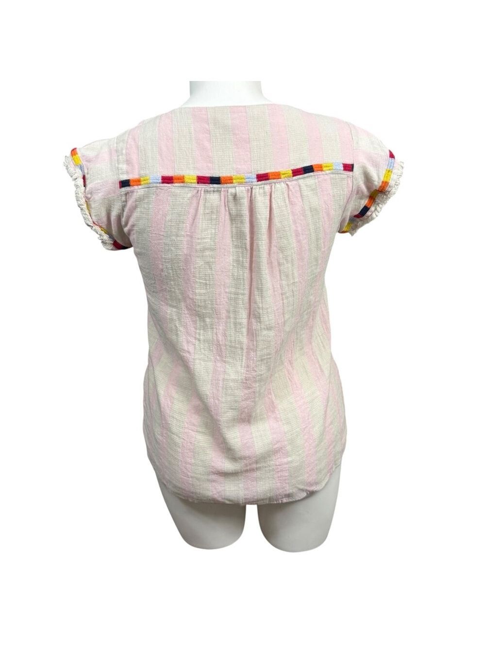 THML White Pink Stripe Multicolor Embroidered Short Sleeve Top L - Picture 5 of 9